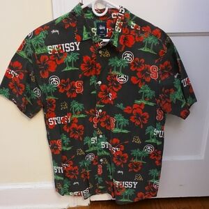 Stussy Men's Black Shirt with Red and Green Floral Design